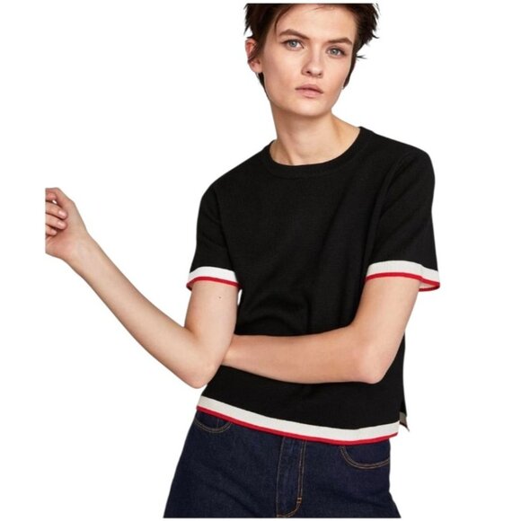 Zara Sweater Women Small Black Knit Crew Neck Striped Trim Top Nautical Preppy - Picture 1 of 9
